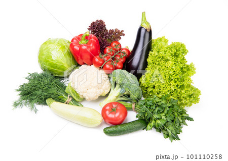 variety of fresh and ripe vegetables isolated on white. green grocery variety of fresh and ripe vegetables isolated on white. green grocery 101110258