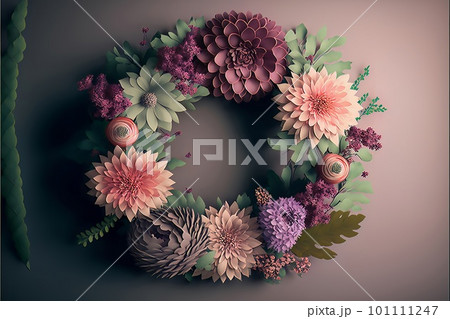 A delightful wreath of various colors lies on a pink background, viewed from above 101111247