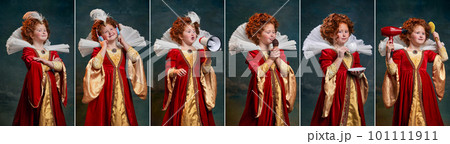 Set of portraits of little redhead girl in image of medieval royal person posing against dark vintage background 101111911