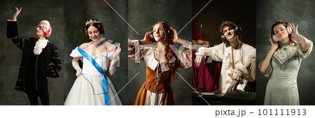 Set of portraits of young royal people listening to music in headphones against dark green background 101111913