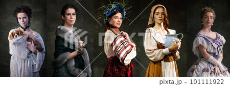 Portraits of beautiful women in different culture clothes, royal, historical persons posing against dark green background. Portraits of beautiful women in different culture clothes, royal, historical persons posing against dark green background. 101111922