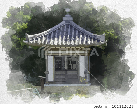 水彩画風　和歌山　妹背山のお堂　和歌山県和歌山市 101112029
