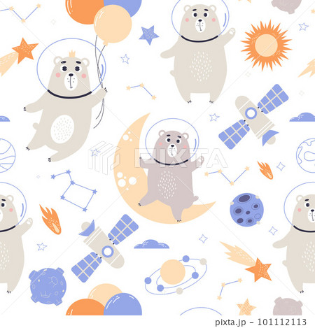 Cute space bear astronauts seamless pattern. Vector illustration for baby collection, design, decor, wallpaper, packaging and textile. Cute space bear astronauts seamless pattern. Vector illustration for baby collection, design, decor, wallpaper, packaging and textile. 101112113