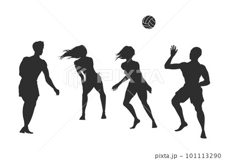 Beach volleyball silhouette. Young people play on sand. Outdoor summer game. Isolated sport activity scene 101113290