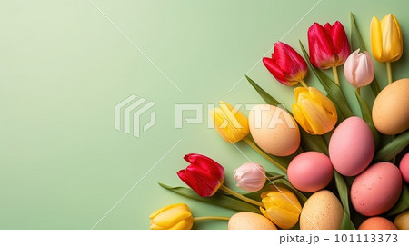 Happy easter holiday card background with tulips and decorative eggs in various colors Happy easter holiday card background with tulips and decorative eggs in various colors 101113373