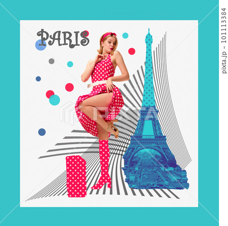 Beautiful young girl in attractive dress travelling to Paris. Famous french landmark of towel on background. Contemporary art collage. 101113384