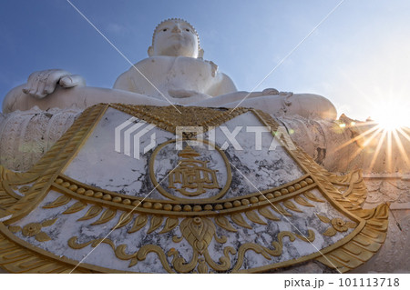 Close-up up of Wat Phra That Mae Yen, or Big White Buddha is huge white Buddha stands on a hill with 353 steps, in Pai, popular tourist destination in Thailand. 101113718