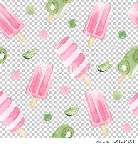 Watercolor green and pink seamless pattern of ice cream popsicles Watercolor green and pink seamless pattern of ice cream popsicles 101114101