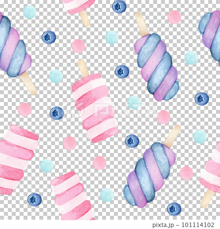 Watercolor blue and purple seamless pattern of ice cream popsicles Watercolor blue and purple seamless pattern of ice cream popsicles 101114102