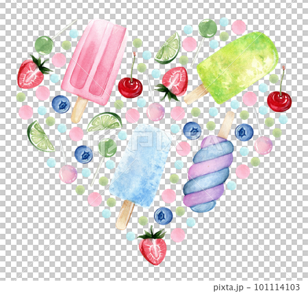 watercolor ice cream hearts with fruits and sweets watercolor ice cream hearts with fruits and sweets 101114103