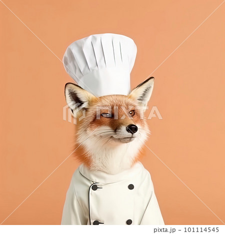 Fox dressed in chef uniform, complete with toque hat. Generative AI 101114545