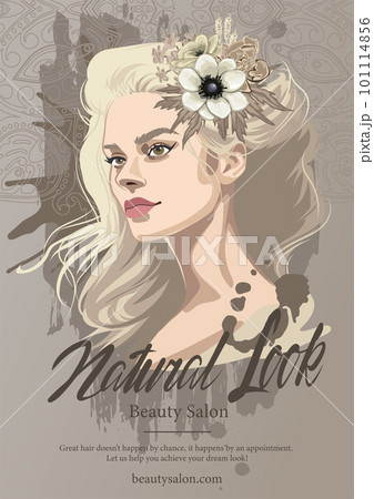 Portrait of a beautiful blonde girl with loose curly hair decorated with flowers. 101114856