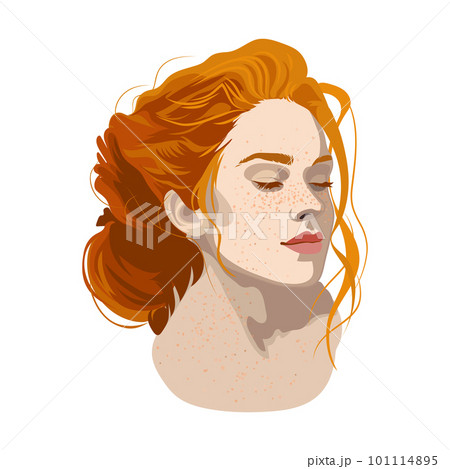 Girl with closed eyes, freckles and red hair with a beam. Girl with closed eyes, freckles and red hair with a beam. 101114895