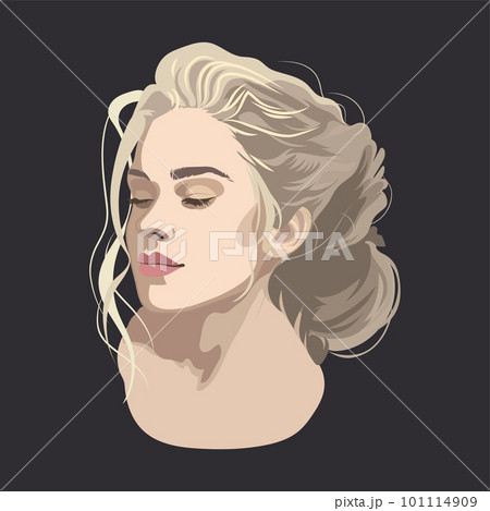 Portrait of a beautiful blonde girl with closed eyes and curly hair with a beam. Portrait of a beautiful blonde girl with closed eyes and curly hair with a beam. 101114909