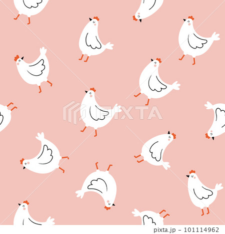 Seamless pattern with funny hand-drawn chickens on a light pink background. Seamless pattern with funny hand-drawn chickens on a light pink background. 101114962