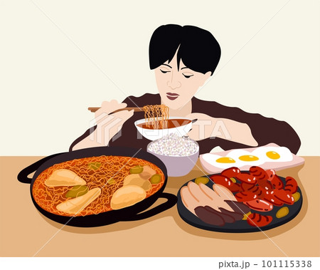 Young man eating ramen. Food podcast. Mukbang. 101115338