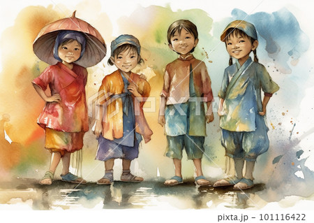 Group of children in ethnic traditional costumes. AI generative image 101116422