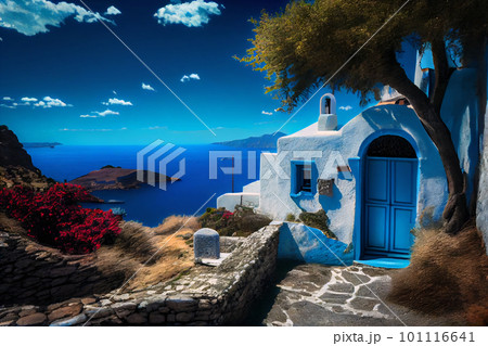 Typical greek blue and white house, Santorini Island, Greece 101116641