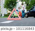 A guy and a girl are arguing near their cars as a result of an accident on the road. Head-on collision of two cars. 101116843