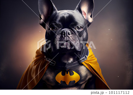 funny french bulldog sitting on Halloween in orange cape on a dark background 101117112