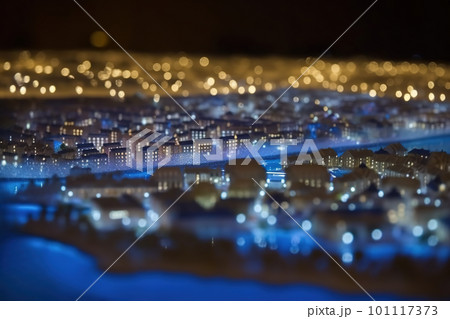 Tilt shift night cityscape, shallow deep of field focus, AI generative image Tilt shift night cityscape, shallow deep of field focus, AI generative image 101117373