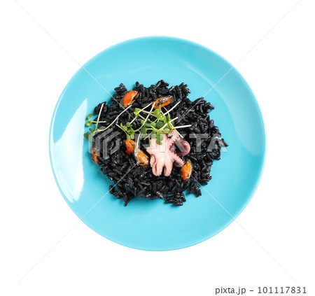 Delicious black risotto with seafood isolated on white, top view Delicious black risotto with seafood isolated on white, top view 101117831