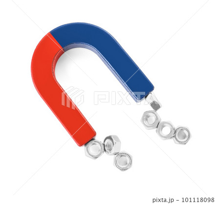 Magnet attracting metal nuts on white background, top view 101118098