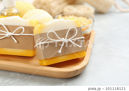 Natural handmade soap bars on marble table, closeup 101118121