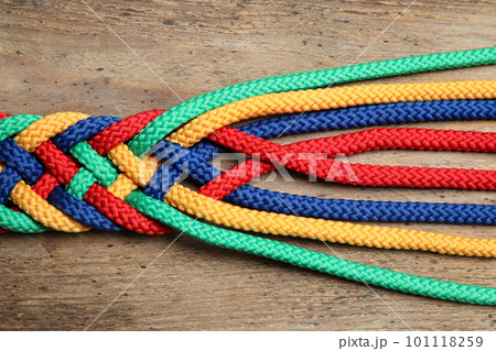 Braided colorful ropes on wooden background, top view. Unity concept Braided colorful ropes on wooden background, top view. Unity concept 101118259