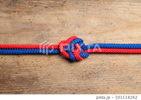 Colorful ropes tied together on wooden background, top view. Unity concept 101118262