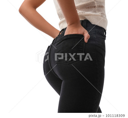 Woman wearing jeans on white background, closeup Woman wearing jeans on white background, closeup 101118309