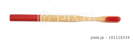 Bamboo toothbrush with red bristle isolated on white, top view Bamboo toothbrush with red bristle isolated on white, top view 101118334