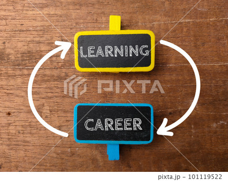Wooden board with the word LEARNING CAREER with up side down arrow on wooden background. Business concept. 101119522