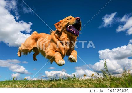 Happy dog Golden Retriever jumps on the green grass, generative ai 101120630