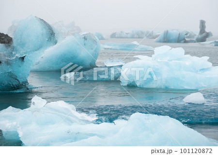 Glacier in Iceland, Pure Blue Ice at Winter Season, Frozen Beautiful Nature Landscape in North Europe Country. Global Warming and Climate Change Concept. Vatnajokull Glacier 101120872