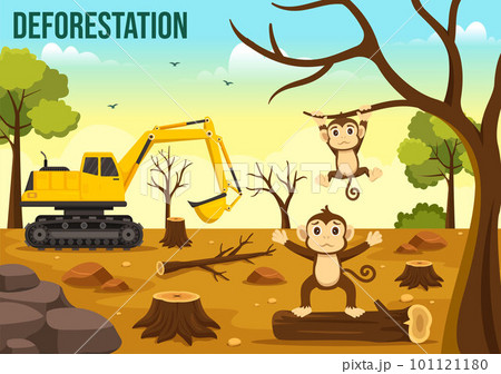 Deforestation Illustration with Tree in the Felled Forest and Burning Into Pollution Causing the Extinction of Animals in Cartoon Hand Drawn Templates Deforestation Illustration with Tree in the Felled Forest and Burning Into Pollution Causing the Extinction of Animals in Cartoon Hand Drawn Templates 101121180