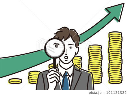 虫眼鏡を持つビジネスマン　上昇する矢印　積み上がるコイン 101121322
