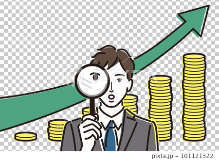 虫眼鏡を持つビジネスマン　上昇する矢印　積み上がるコイン 101121322