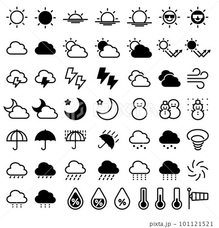 天気のアイコンセット/太陽/晴れ/雲/カミナリ/紫外線/雨/雪/雪だるま/湿度計/温度計/風見鶏/竜 101121521