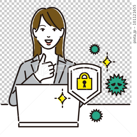 A female business person who gives a good sign with perfect computer security measures 101121655