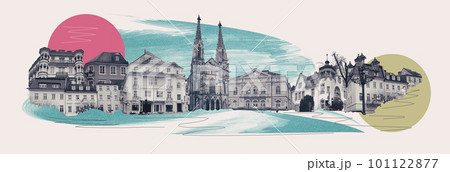 Historic buildings at the famous old town of Baden-Baden. Art collage and design Historic buildings at the famous old town of Baden-Baden. Art collage and design 101122877