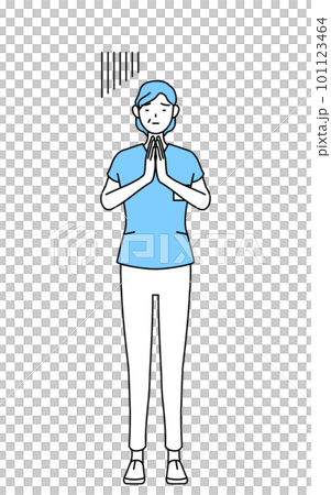 Middle-aged / senior female nurse, physical therapist, occupational therapist, speech therapist, nursing assistant who apologizes with hands together in front of the body 101123464