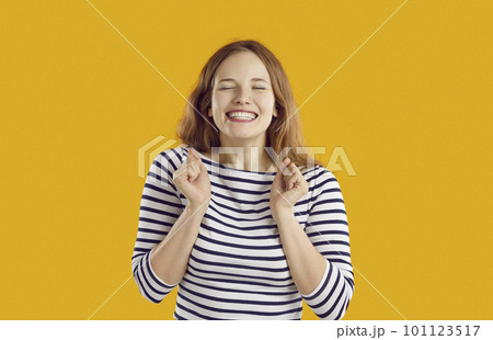 Full length portrait of extremely happy pretty woman with brown hair in long sleeve shirt celebrating success. 101123517
