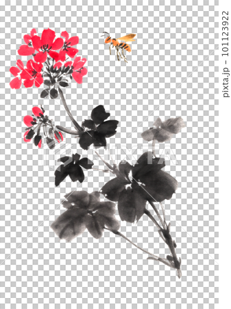 Geranium and leg drumstick drawn with ink painting technique Geranium and leg drumstick drawn with ink painting technique 101123922