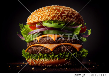 Burger on a black background, juicy burger with sesame Burger on a black background, juicy burger with sesame 101125113