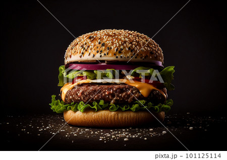 Burger on a black background, juicy burger with sesame Burger on a black background, juicy burger with sesame 101125114