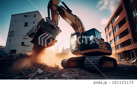 Building demolition work. Excavator on construction site 101125173