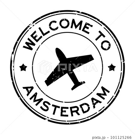 Grunge black welcome to amsterdam with airplane icon round rubber seal stamp on white background Grunge black welcome to amsterdam with airplane icon round rubber seal stamp on white background 101125266