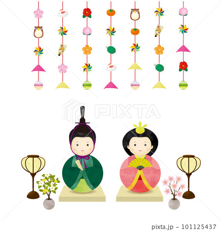 ひな人形とぼんぼりと桜橘とつるし飾りのイラストセット 101125437