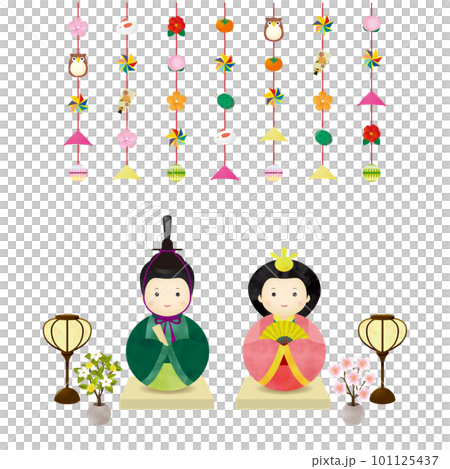 ひな人形とぼんぼりと桜橘とつるし飾りのイラストセット 101125437